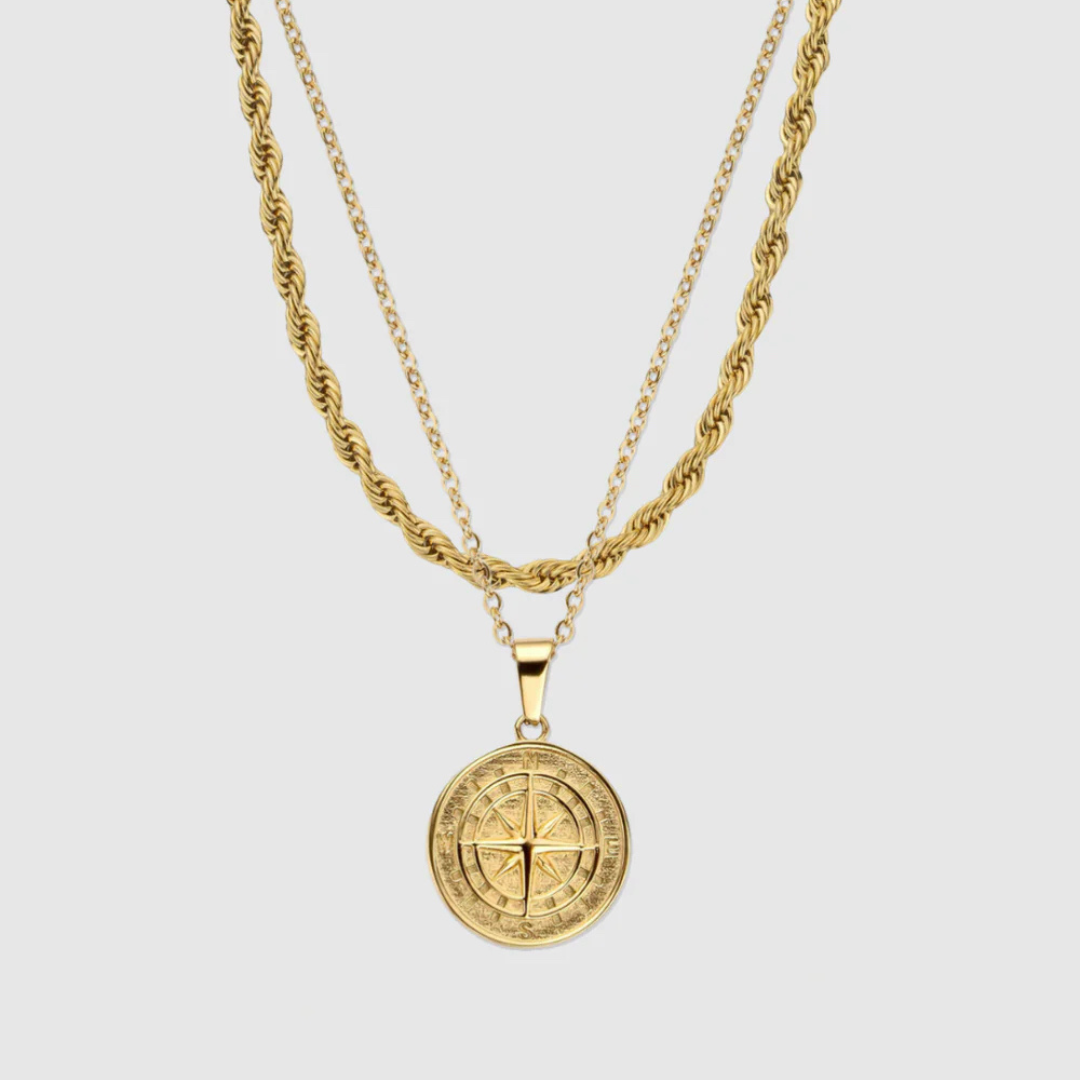 Gold Compass Pendant X Rope Chain Set