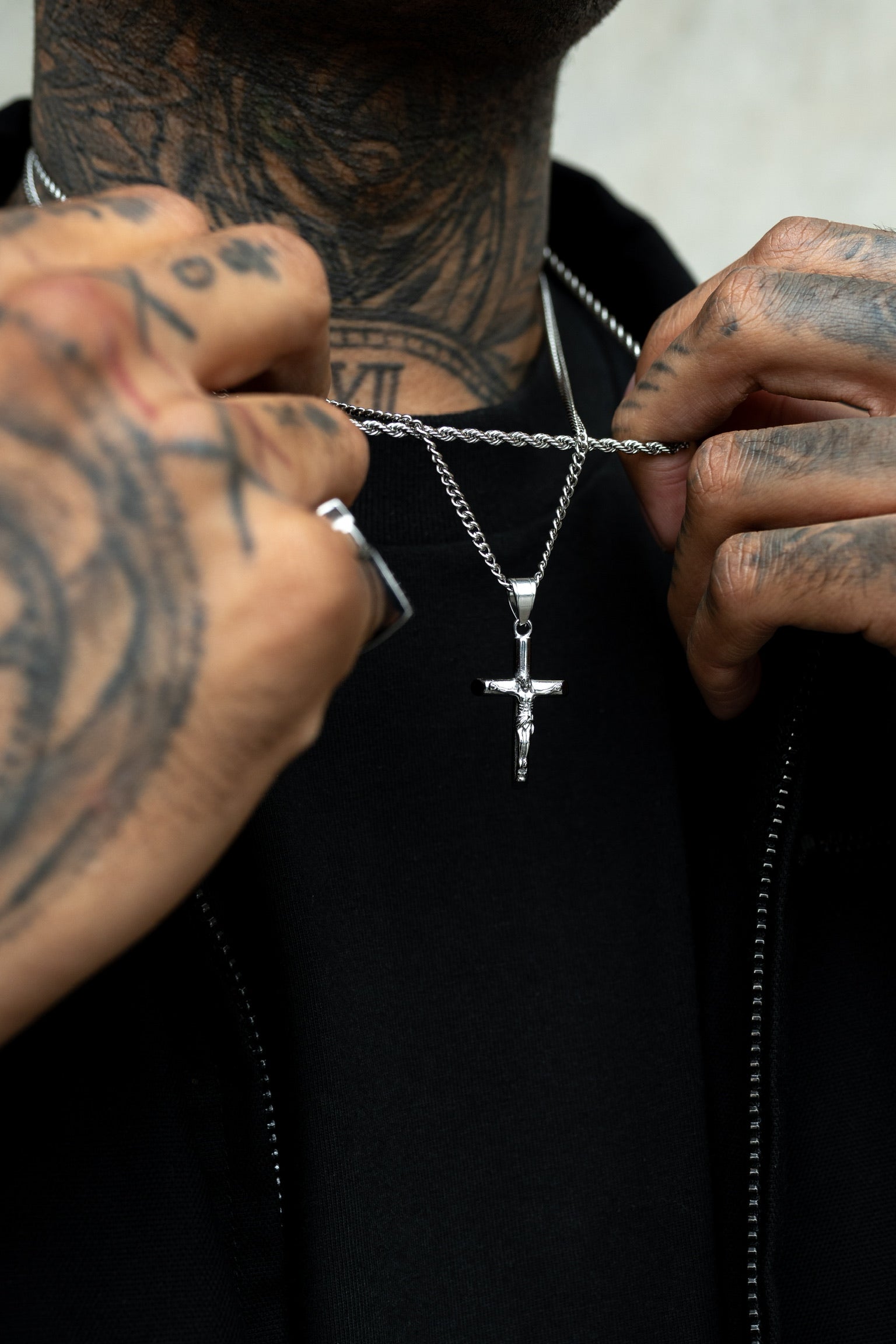 Silver Crucifix Pendant X Rope Chain Set