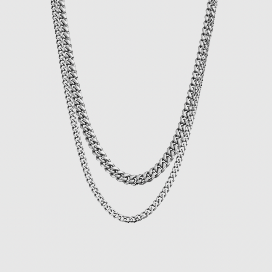 Silver 8MM Cuban Chain X 4MM Cuban Chain Set