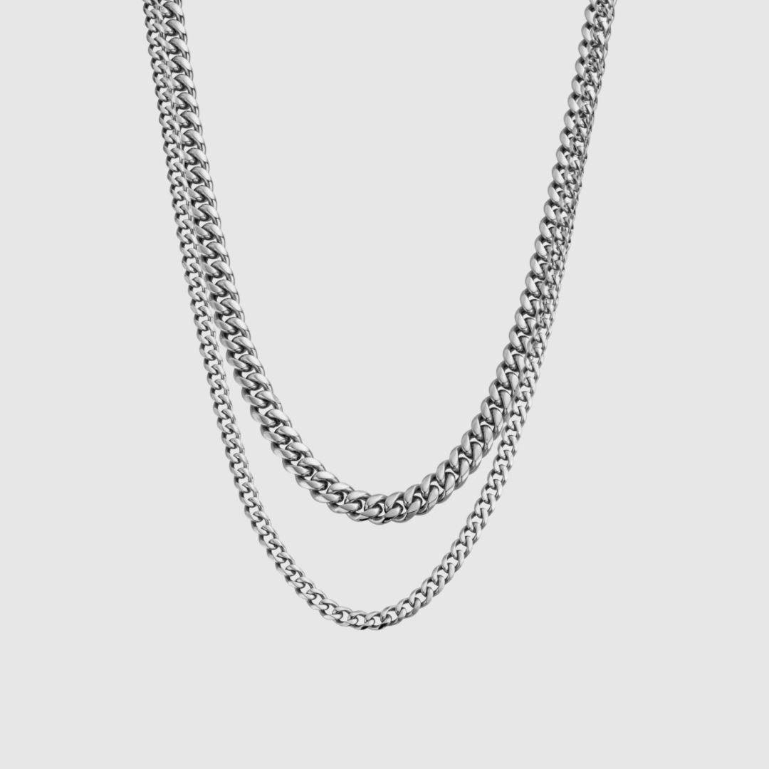 Silver 8MM Cuban Chain  X 4MM Cuban Chain Set