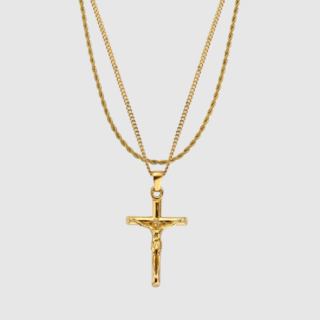 Gold Crucifix Pendant X Rope Chain Set