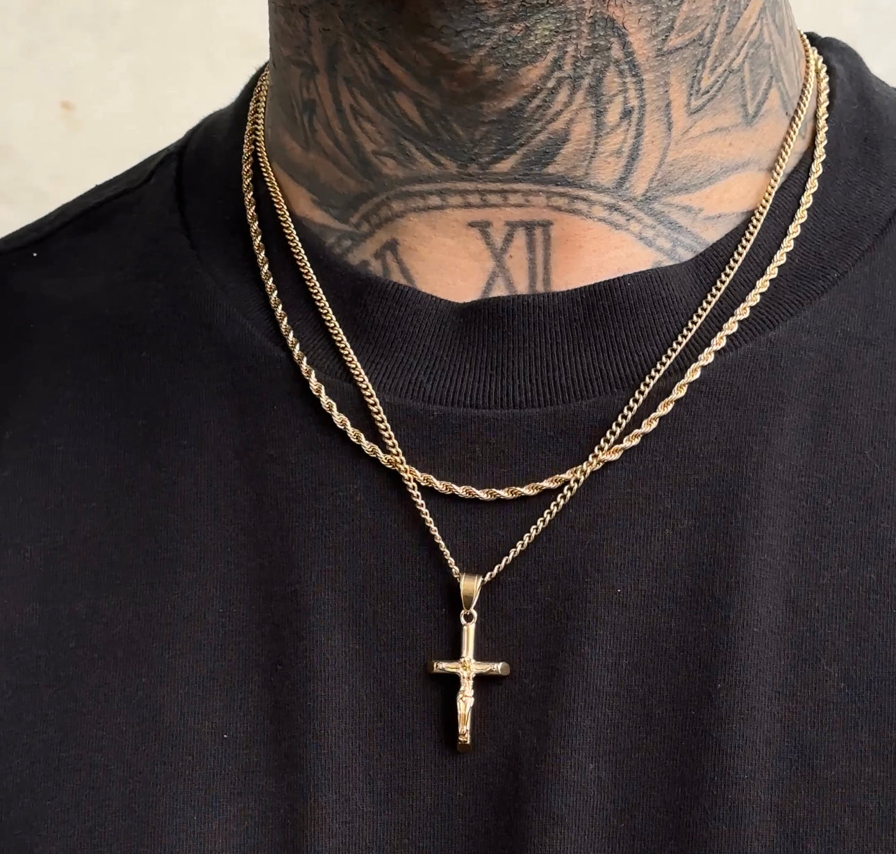 Gold Crucifix Pendant X Rope Chain Set