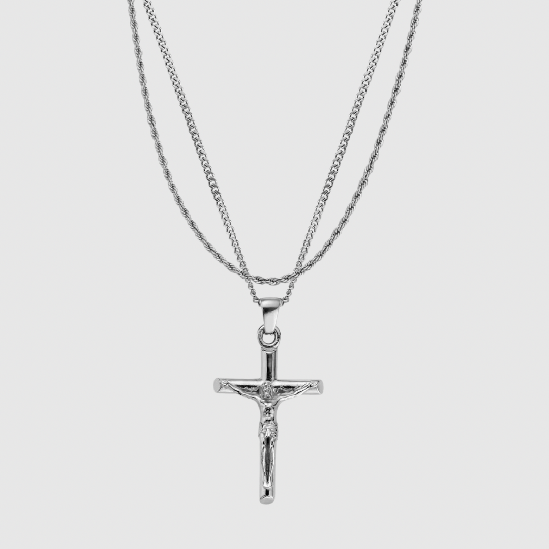 Silver Crucifix Pendant X Rope Chain Set