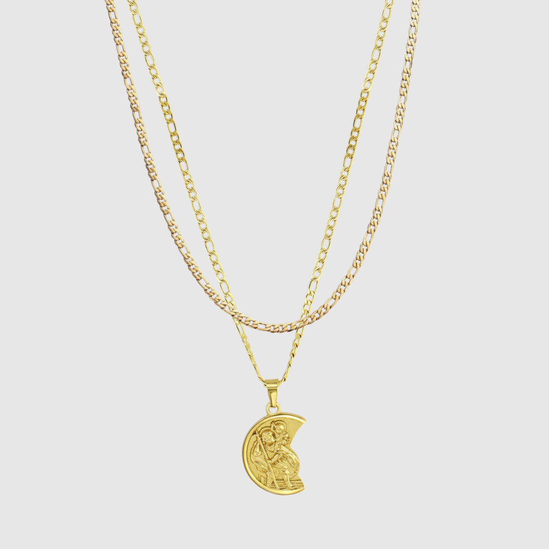 Gold St Christopher X Figaro Chain Set (Gold)