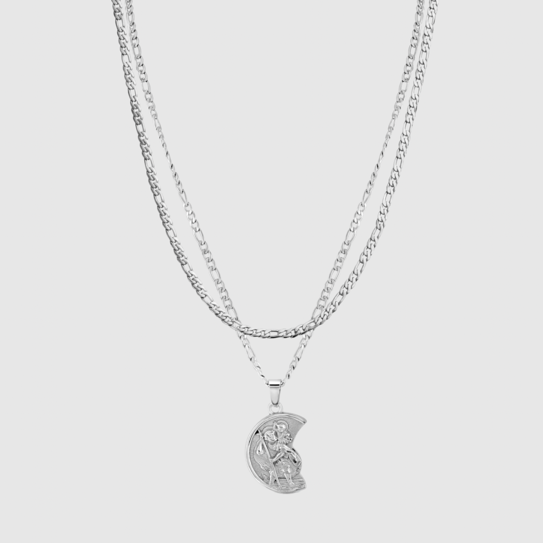 Silver St Christopher X Figaro Chain Set (silver)