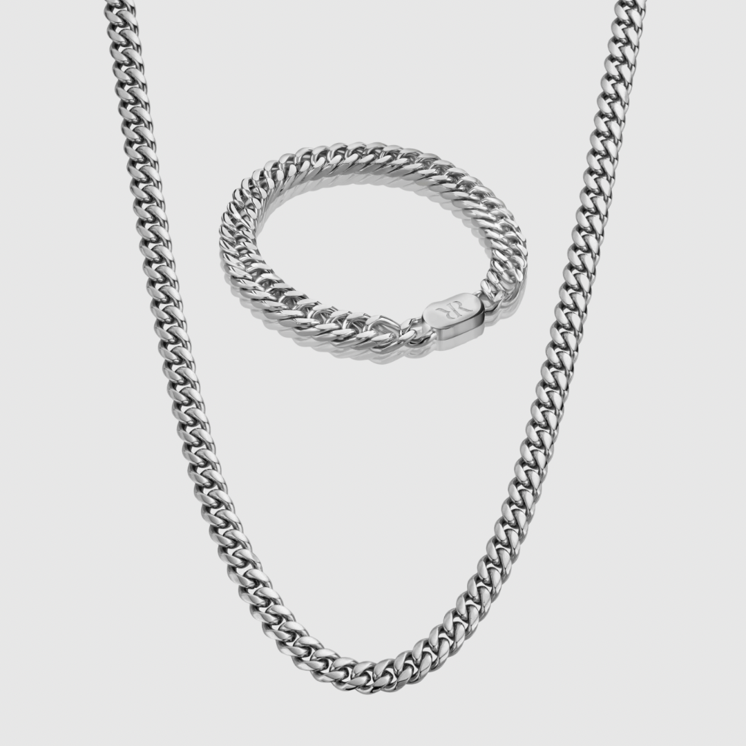 Silver Cuban Chain X Cuban Bracelet Set (silver)