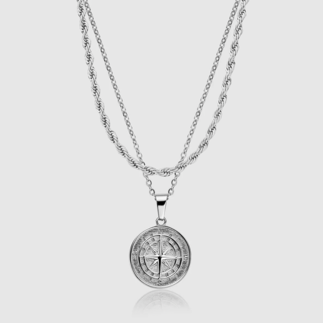 Silver Compass Pendant X Rope Chain Set