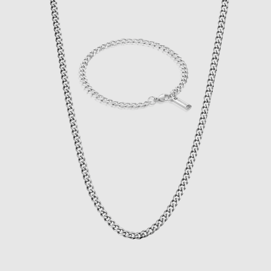 Silver 4mm Cuban Chain X Cuban Bracelet Set (silver)